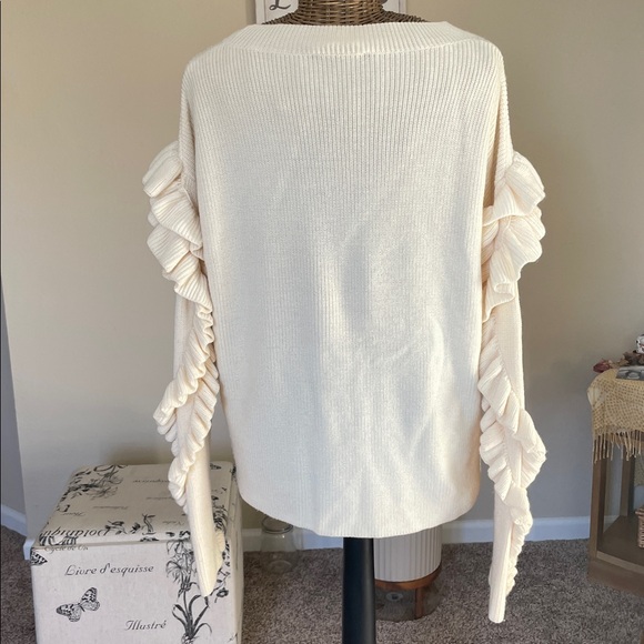 Frame Ruffle Yoke Ribbed Wool Blend Off White Oversized Knit Sweater - Picture 7 of 9